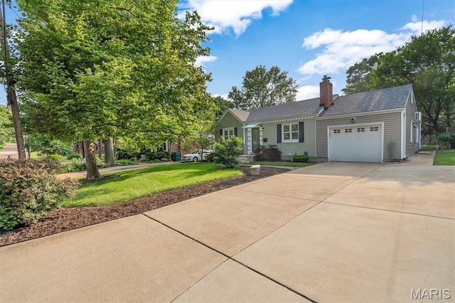 657 Lilac Ave, Webster Groves, MO 63119 - view of front facade with an attached garage, concrete driveway, a chimney, and a front lawn