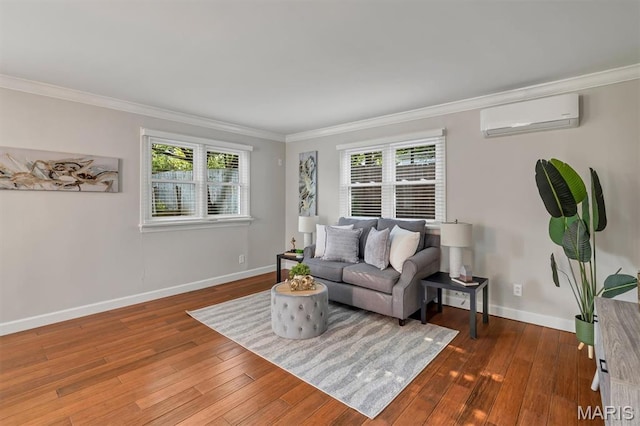 657 Lilac Ave, Webster Groves, MO 63119 - living room with an AC wall unit, crown molding, healthy amount of natural light, and hardwood / wood-style floors