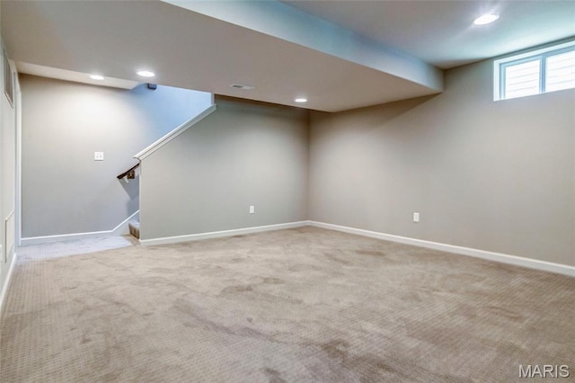 2216 Cournier St, Saint Charles, MO 63301 - basement with recessed lighting, carpet floors, and stairway