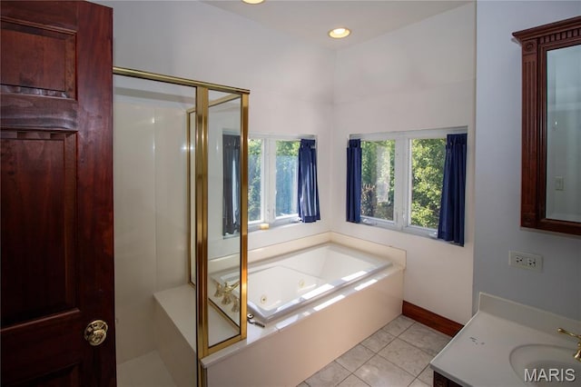 37 Joy Ave, Webster Groves, MO 63119 - full bathroom featuring a whirlpool tub, vanity, a shower stall, recessed lighting, and tile patterned flooring