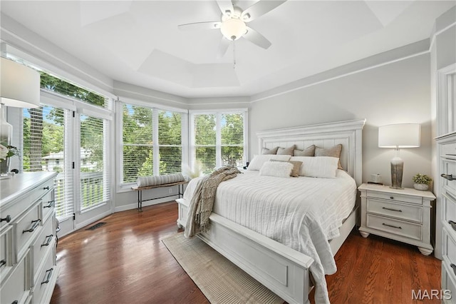 17 Eagles Way Ln, Lake St Louis, MO 63367 - bedroom featuring multiple windows, a raised ceiling, access to exterior, and dark wood finished floors