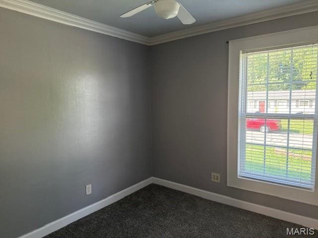 1496 Ville Rosa Ln, Hazelwood, MO 63042 - empty room featuring healthy amount of natural light, ceiling fan, ornamental molding, and dark carpet