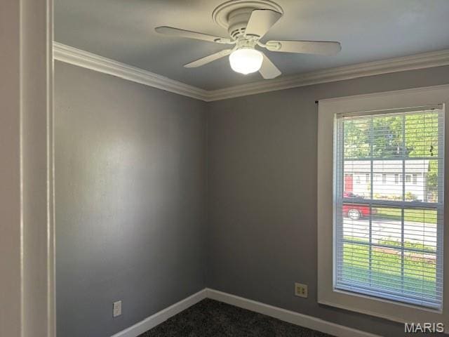 1496 Ville Rosa Ln, Hazelwood, MO 63042 - empty room featuring crown molding, dark carpet, and ceiling fan