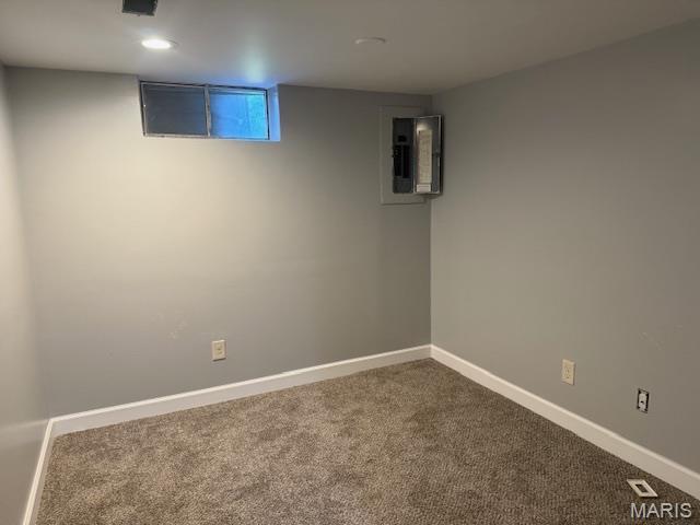 1496 Ville Rosa Ln, Hazelwood, MO 63042 - basement featuring electric panel, dark colored carpet, and recessed lighting