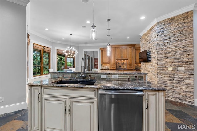3046 Beaver Creek Cpe, Girardeau, MO 63701 - kitchen featuring stainless steel dishwasher, stone tile floors, recessed lighting, dark stone counters, and a chandelier