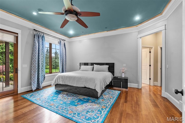 3046 Beaver Creek Cpe, Girardeau, MO 63701 - bedroom with ornamental molding, access to exterior, wood finished floors, ceiling fan, and recessed lighting