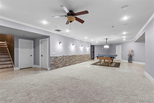 3046 Beaver Creek Cpe, Girardeau, MO 63701 - rec room featuring ornamental molding, pool table, recessed lighting, a ceiling fan, and light tile patterned floors