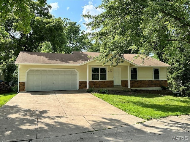 807 Corey Ct, Wentzville, MO 63385 - ranch-style house with brick siding, a garage, driveway, and a front lawn