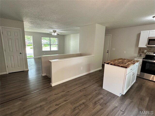 807 Corey Ct, Wentzville, MO 63385 - kitchen with appliances with stainless steel finishes, butcher block countertops, a textured ceiling, a ceiling fan, and white cabinetry