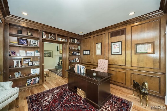 1417 Wheatfield Ln, Saint Albans, MO 63073 - office space with crown molding, light wood-style floors, recessed lighting, and wooden walls
