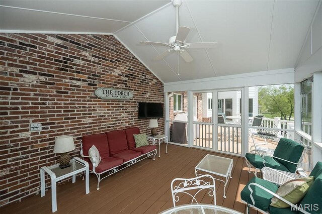 1417 Wheatfield Ln, Saint Albans, MO 63073 - sunroom / solarium featuring a ceiling fan, lofted ceiling, and an outdoor living space