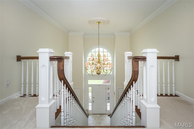 1417 Wheatfield Ln, Saint Albans, MO 63073 - foyer entrance featuring carpet, healthy amount of natural light, ornamental molding, and a chandelier