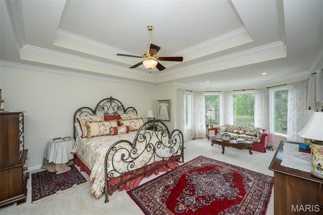 1417 Wheatfield Ln, Saint Albans, MO 63073 - bedroom featuring a raised ceiling, carpet flooring, ornamental molding, and a ceiling fan