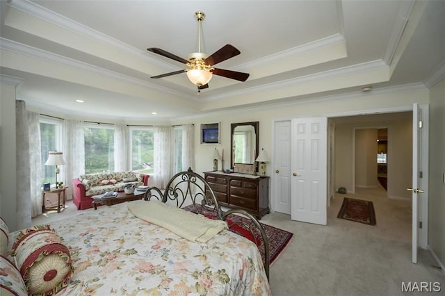 1417 Wheatfield Ln, Saint Albans, MO 63073 - bedroom featuring crown molding, light colored carpet, a raised ceiling, and ceiling fan