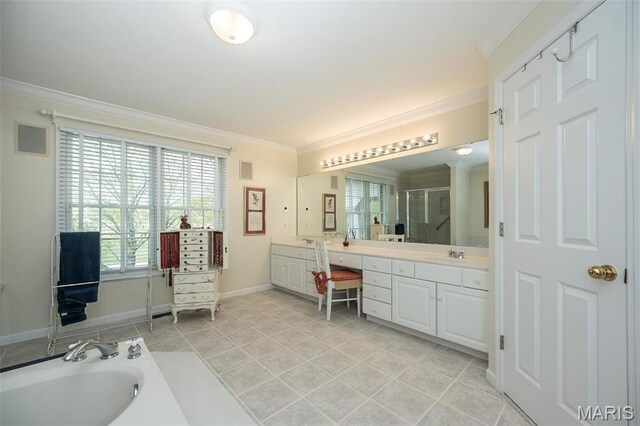 1417 Wheatfield Ln, Saint Albans, MO 63073 - bathroom featuring a stall shower, ornamental molding, vanity, a bath, and tile patterned floors