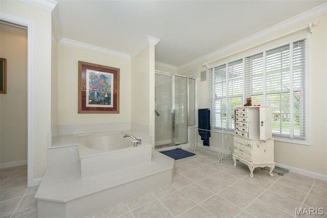 1417 Wheatfield Ln, Saint Albans, MO 63073 - bathroom with crown molding, a garden tub, a stall shower, and tile patterned flooring