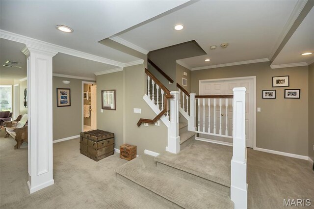 1417 Wheatfield Ln, Saint Albans, MO 63073 - carpeted entrance foyer with decorative columns, stairway, recessed lighting, and crown molding