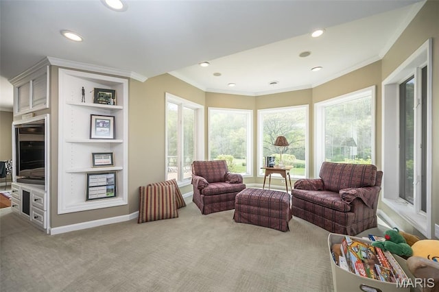 1417 Wheatfield Ln, Saint Albans, MO 63073 - living area with crown molding, light colored carpet, recessed lighting, and beverage cooler