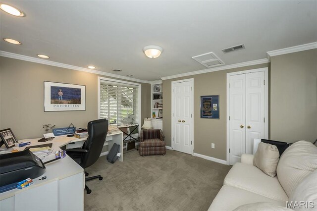 1417 Wheatfield Ln, Saint Albans, MO 63073 - carpeted office with ornamental molding, attic access, and recessed lighting