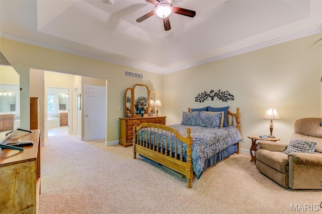 4485 Killdeer Dr, Augusta, MO 63332 - carpeted bedroom featuring a raised ceiling, crown molding, connected bathroom, and ceiling fan