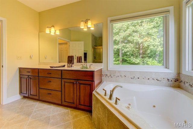4485 Killdeer Dr, Augusta, MO 63332 - full bathroom featuring double vanity, a whirlpool tub, tile patterned flooring, and a shower with door
