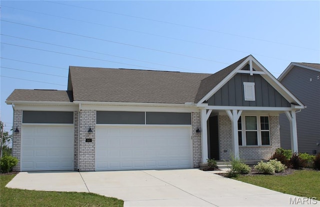 241 Dell View Dr, Arnold, MO 63010 - view of front of home with an attached garage, brick siding, driveway, board and batten siding, and a porch