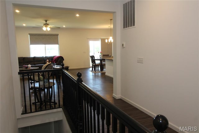 241 Dell View Dr, Arnold, MO 63010 - hallway with a chandelier, recessed lighting, an upstairs landing, and dark wood finished floors