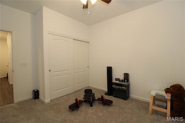 241 Dell View Dr, Arnold, MO 63010 - workout area with carpet and a ceiling fan
