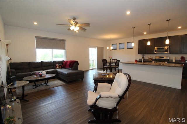 241 Dell View Dr, Arnold, MO 63010 - living area featuring dark wood finished floors, a ceiling fan, and recessed lighting