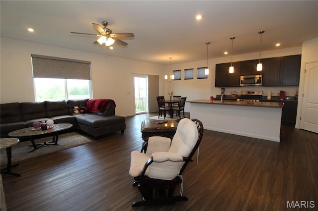 241 Dell View Dr, Arnold, MO 63010 - living room featuring dark wood-type flooring, a ceiling fan, and recessed lighting