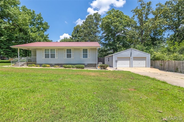 39 Rock Ridge Rd, Wappapello, MO 63966 - ranch-style house with a garage, an outdoor structure, crawl space, a metal roof, and a porch