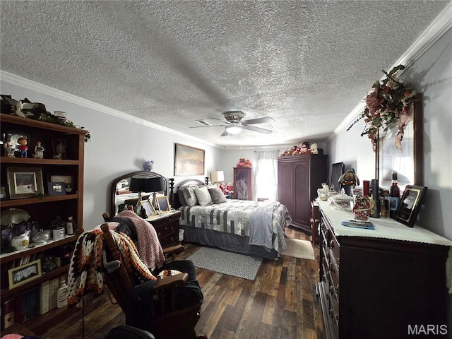 730 N Walnut St, Dexter, MO 63841 - bedroom featuring ornamental molding, dark wood-type flooring, a textured ceiling, and ceiling fan