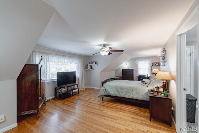 923 N Geyer Rd, Kirkwood, MO 63122 - bedroom featuring wood finished floors, lofted ceiling, and ceiling fan