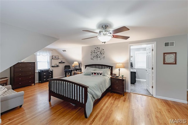 923 N Geyer Rd, Kirkwood, MO 63122 - bedroom featuring light wood finished floors, lofted ceiling, and ceiling fan