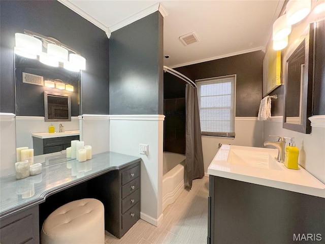 1001 Pike St, Saint Charles, MO 63301 - bathroom featuring ornamental molding, vanity, and shower / bath combo with shower curtain
