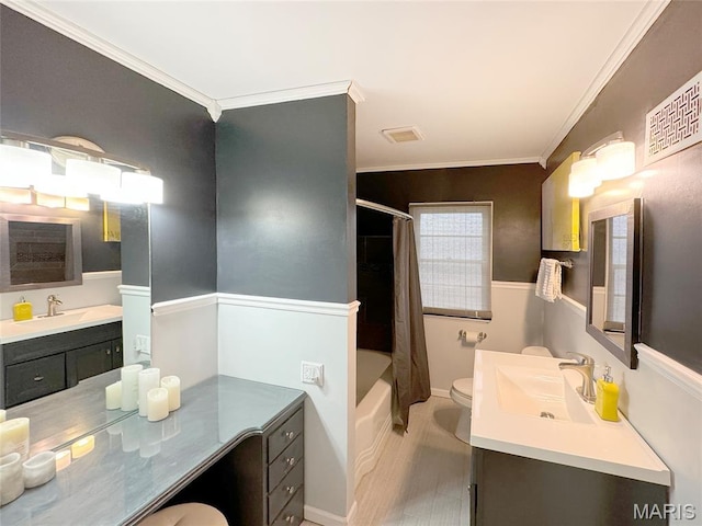 1001 Pike St, Saint Charles, MO 63301 - bathroom with vanity, ornamental molding, and shower / tub combo with curtain