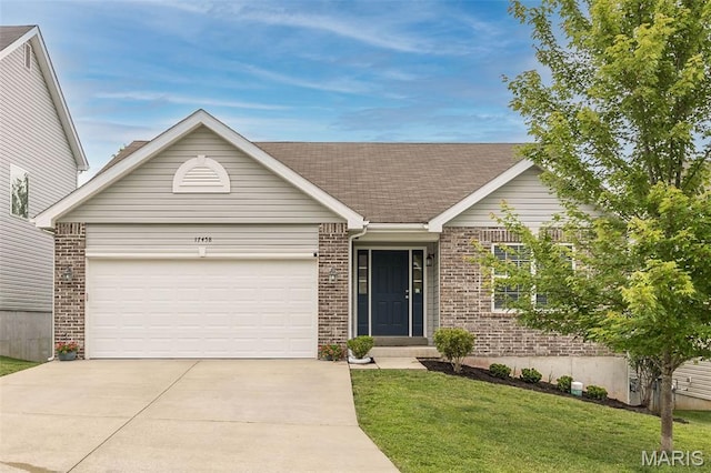 17458 Wyman Ridge Dr, Eureka, MO 63025 - ranch-style house featuring brick siding, driveway, a garage, a front lawn, and a shingled roof