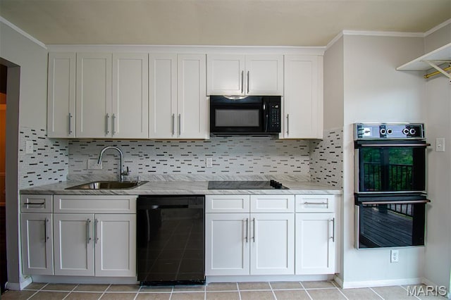 10344 Forest Brook Ln Unit C, Saint Louis, MO 63146 - kitchen featuring black appliances, white cabinetry, light stone countertops, tasteful backsplash, and crown molding