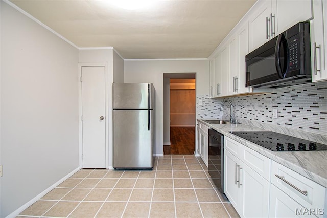 10344 Forest Brook Ln Unit C, Saint Louis, MO 63146 - kitchen featuring black appliances, ornamental molding, tasteful backsplash, white cabinetry, and light tile patterned flooring