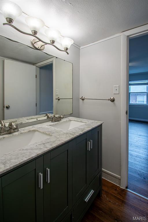10344 Forest Brook Ln Unit C, Saint Louis, MO 63146 - bathroom featuring double vanity, wood finished floors, and a textured ceiling