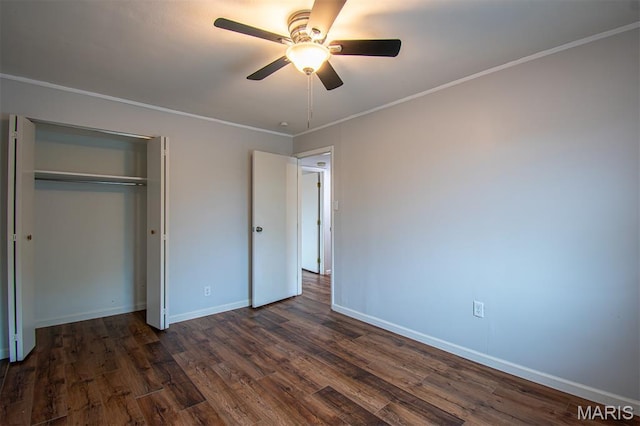 10344 Forest Brook Ln Unit C, Saint Louis, MO 63146 - unfurnished bedroom featuring dark wood-style flooring, a closet, ornamental molding, and a ceiling fan