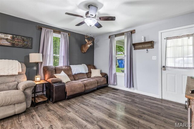302 Bogy St, De Soto, MO 63020 - living room with ceiling fan and wood finished floors