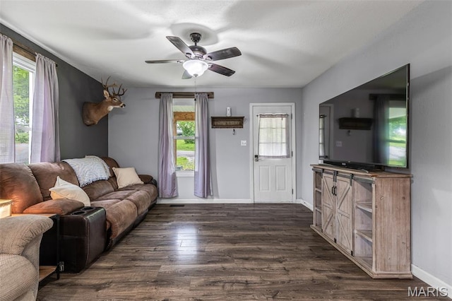 302 Bogy St, De Soto, MO 63020 - living area featuring healthy amount of natural light, dark wood-style flooring, and ceiling fan