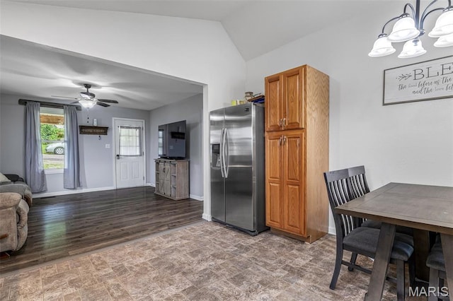 302 Bogy St, De Soto, MO 63020 - kitchen featuring stainless steel refrigerator with ice dispenser, a chandelier, brown cabinets, open floor plan, and ceiling fan
