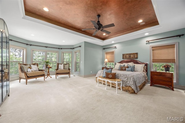 701 Crown Pointe Farms, Defiance, MO 63341 - bedroom featuring a raised ceiling, recessed lighting, light carpet, and ceiling fan