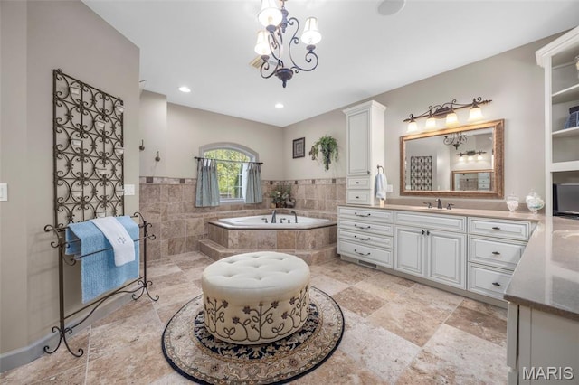 701 Crown Pointe Farms, Defiance, MO 63341 - bathroom with vanity, a garden tub, a chandelier, and recessed lighting