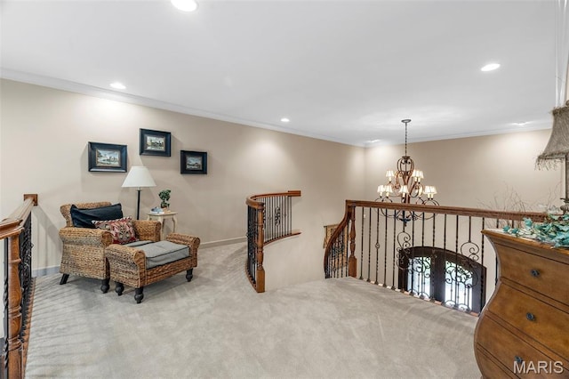 701 Crown Pointe Farms, Defiance, MO 63341 - living area with an upstairs landing, crown molding, carpet flooring, recessed lighting, and a chandelier