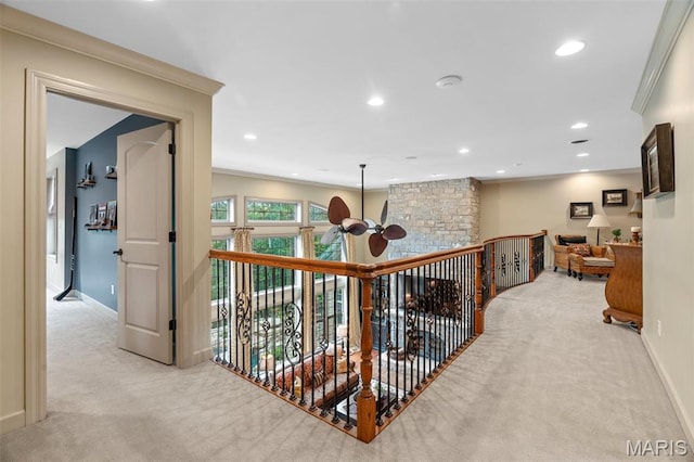 701 Crown Pointe Farms, Defiance, MO 63341 - hall with light carpet, ornamental molding, and recessed lighting
