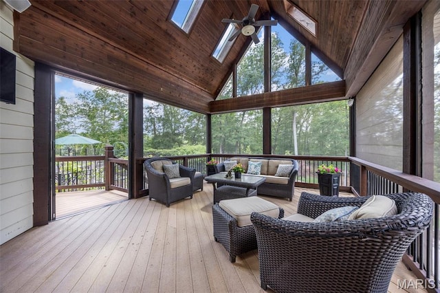 701 Crown Pointe Farms, Defiance, MO 63341 - sunroom featuring outdoor lounge area, a ceiling fan, a skylight, and vaulted ceiling