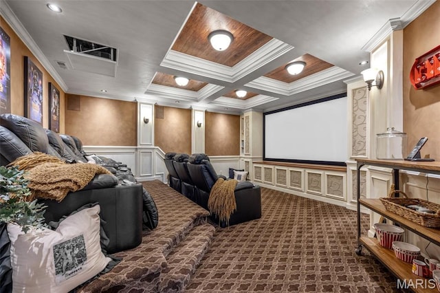 701 Crown Pointe Farms, Defiance, MO 63341 - home theater with crown molding, ornate columns, a decorative wall, dark carpet, and recessed lighting